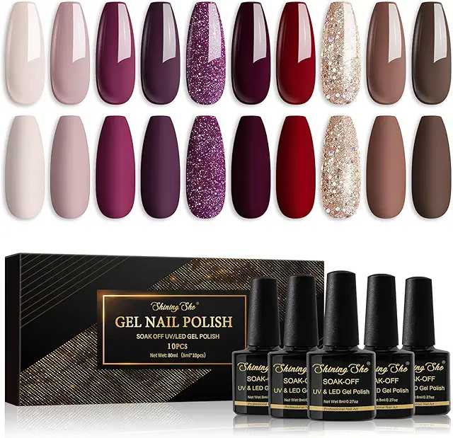 Shining She Hybrid Gel Nail Polish Set - 10 Colors Beige Taupe Purple Red Brown Gold Glitter