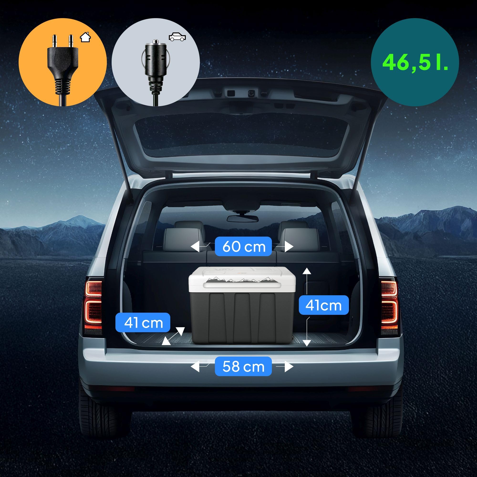 peme Essential Elektryczna Lodówka Turystyczna 46,6L - Chłodzenie i Podgrzewanie, Podwójne Zasilanie 12V & 230V, Tryb Eco, Kółka i Rączka, Cicha Praca, do Samochodu, Kempingu, Podróży