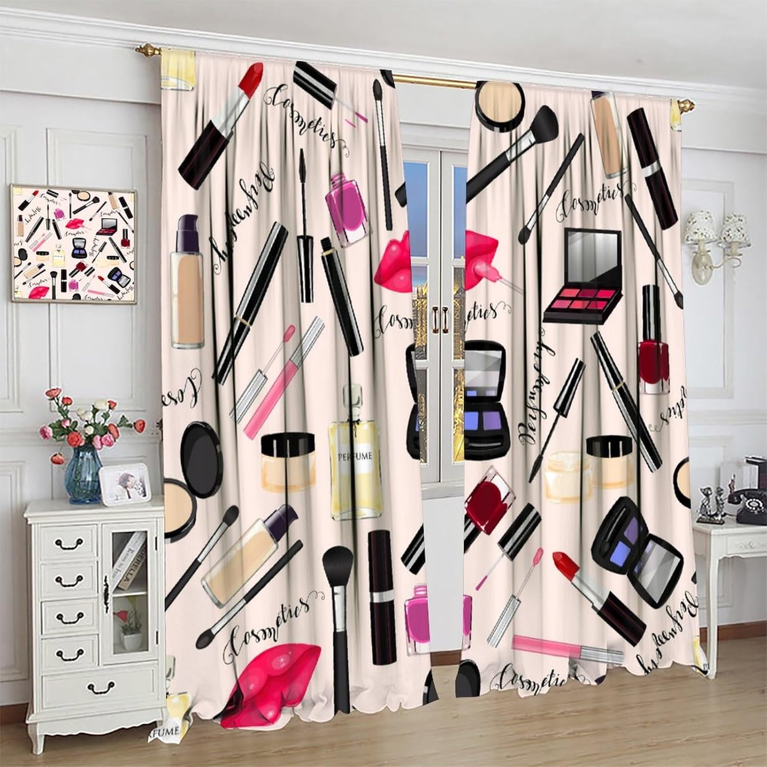 Fashion Makeup Curtains,Women Girls Cosmetic Lipstick Red Lip Valentine's Day Sweet Romantic Fashion Window Treatments Curtains Living Room Women Girls Bedroom Decor 55x63in