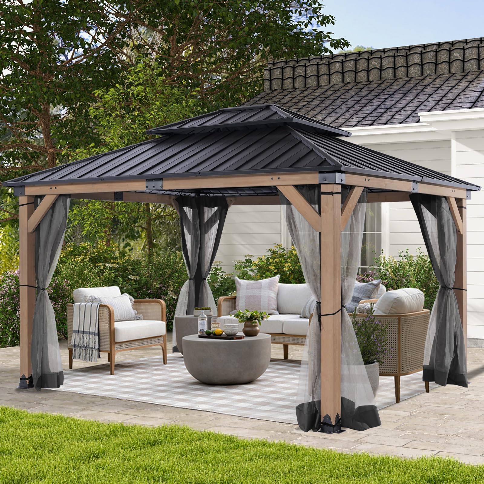 CHARMELEON Cedar Wood Gazebo 10x12 ft – Gazebo Wooden with Double Metal Roof – Hardtop Gazebo Kits with Mosquito Netting – Wood Frame Gazebos Pavilion for Outdoor, Patio, Backyard & Deck