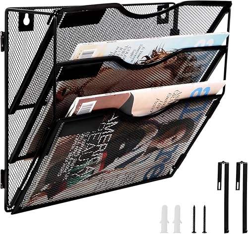 Organizador de archivos de pared, soporte de archivo de pared para colgar de 3 bolsillos, puerta de malla plegablerevistas de papel montado en la