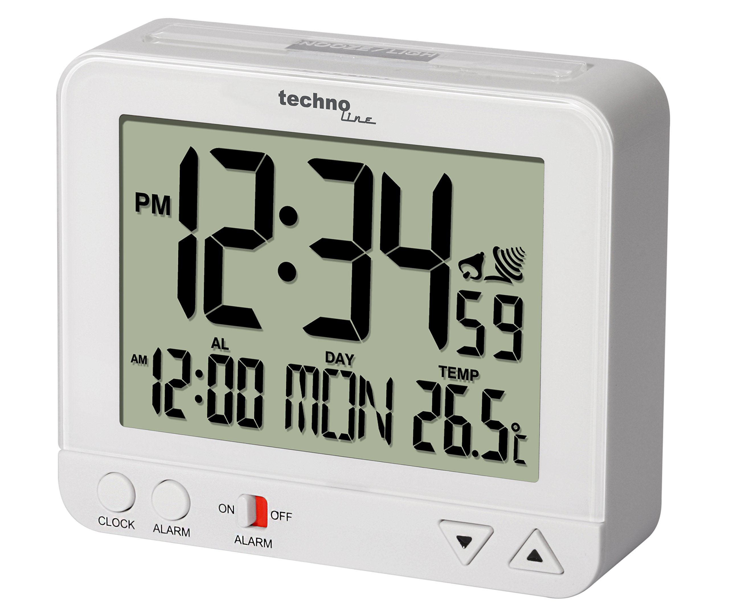 Digitaler Funkwecker WT195 mit Temperaturanzeige, LCD Display, automatischer Zeitumstellung, Alarm & Snooze Funktion, Nachtlicht & Lichtsensor, Kalender & Wochentag, batteriebetriebener Wecker, weiß