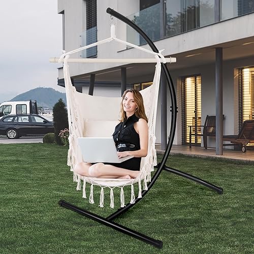 Miniatura 8 de Goutime Silla tipo hamaca, columpio de techo de cuerda colgante con 2 cojines, sillas colgantes bohemias de macramé para interiores, exteriores,