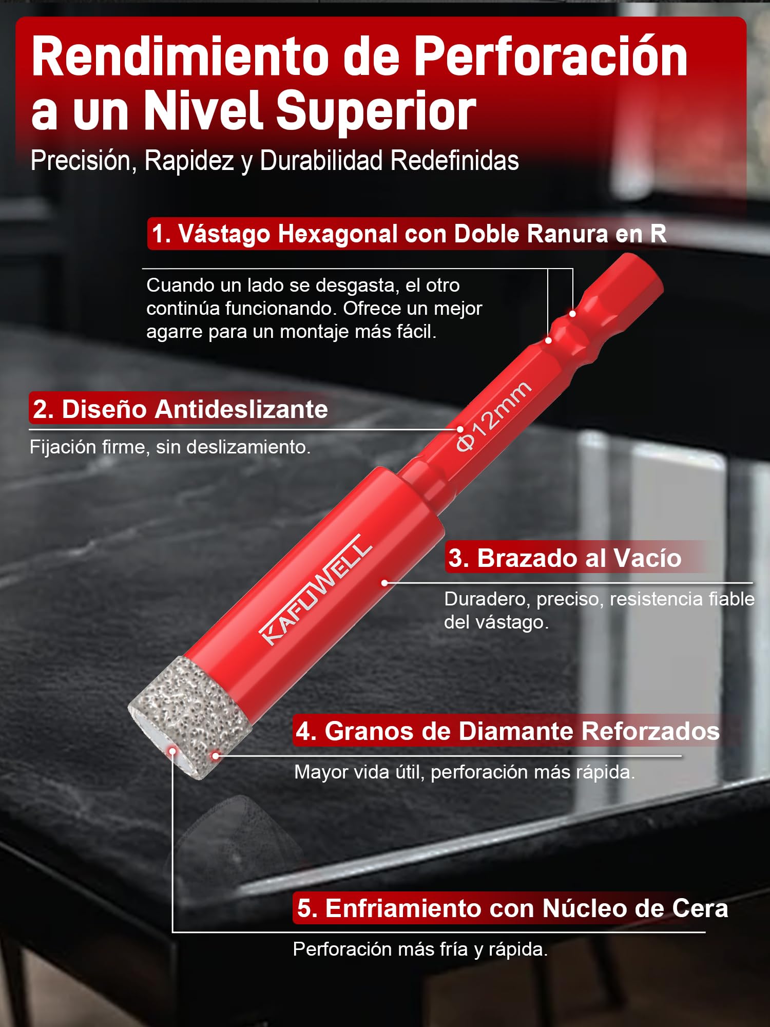 6PCS Brocas para Porcelanico,1/4"Vástago Hexagonal,Ø5/6/8/10/12mm | Brocas Diamante & 6mm Broca de Carburo, para Azulejo Cerámica, Cuarzo, Vidrio, Granito, Ladrillo, Mármol, Porcelana,Gres fino
