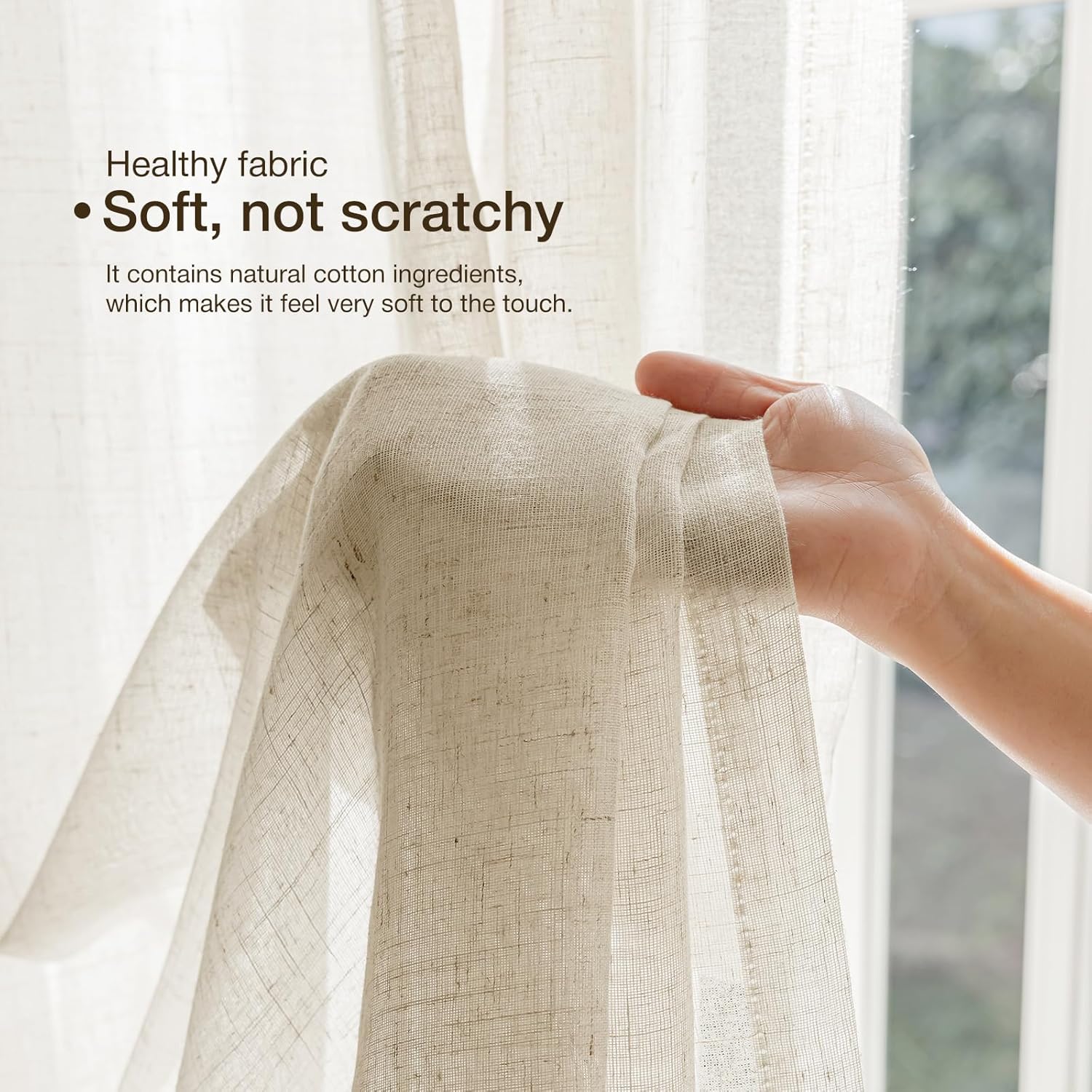 Anmao Natural Linen Curtains for Living Room 84 Inch Length 2 Panels Set with Curtain Rings and Clips, Light Filtering Semi Sheer Window Curtain Drapes for Bedroom, 52 Inch Wide Each Panel, Ecru