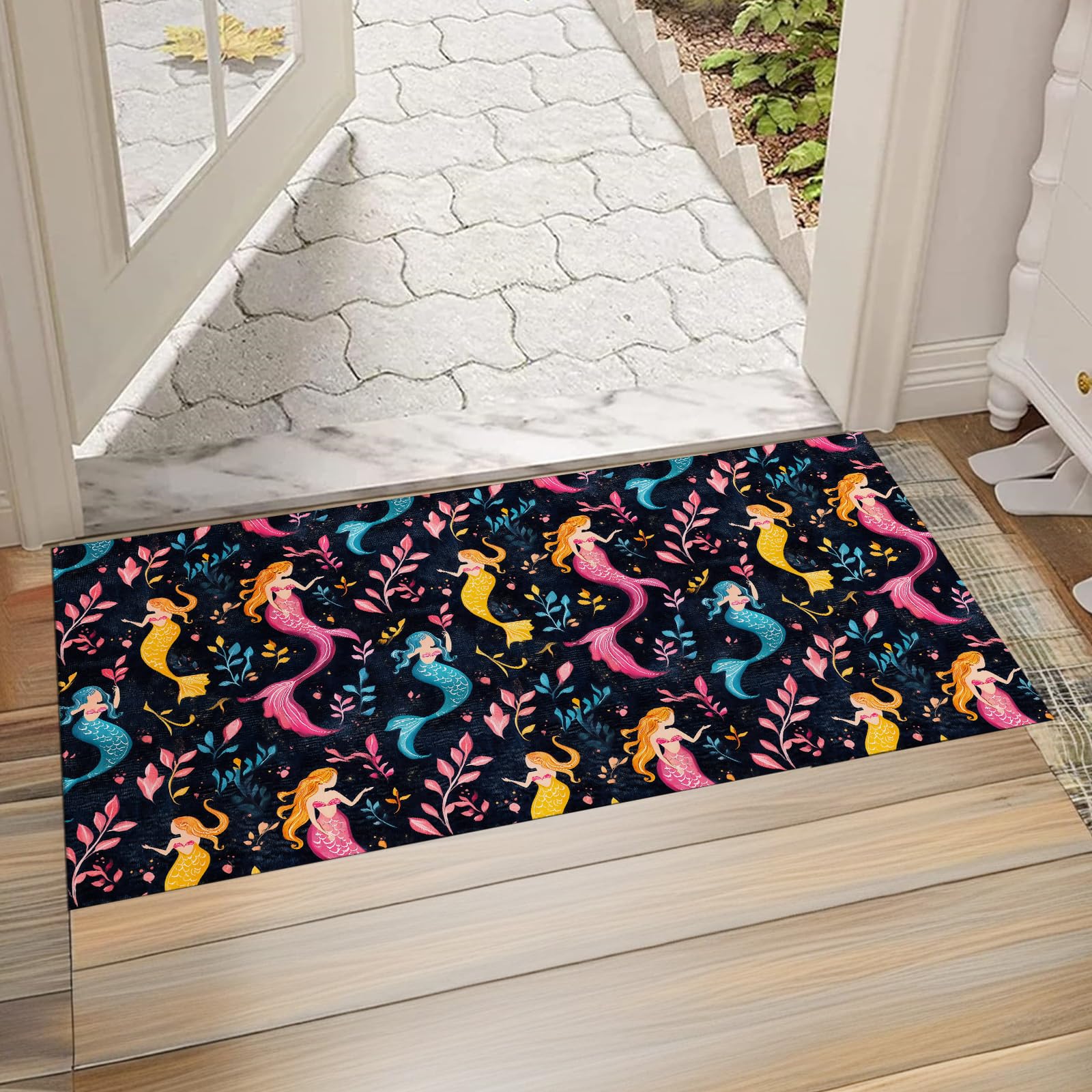 Mermaid Indoor Door Mat, Non-Woven Fabric Door Mat, Anti-Slip Backing Welcome Mat for Front Door, Indoor Entrance, Kitchen, Bedroom, Living Room -