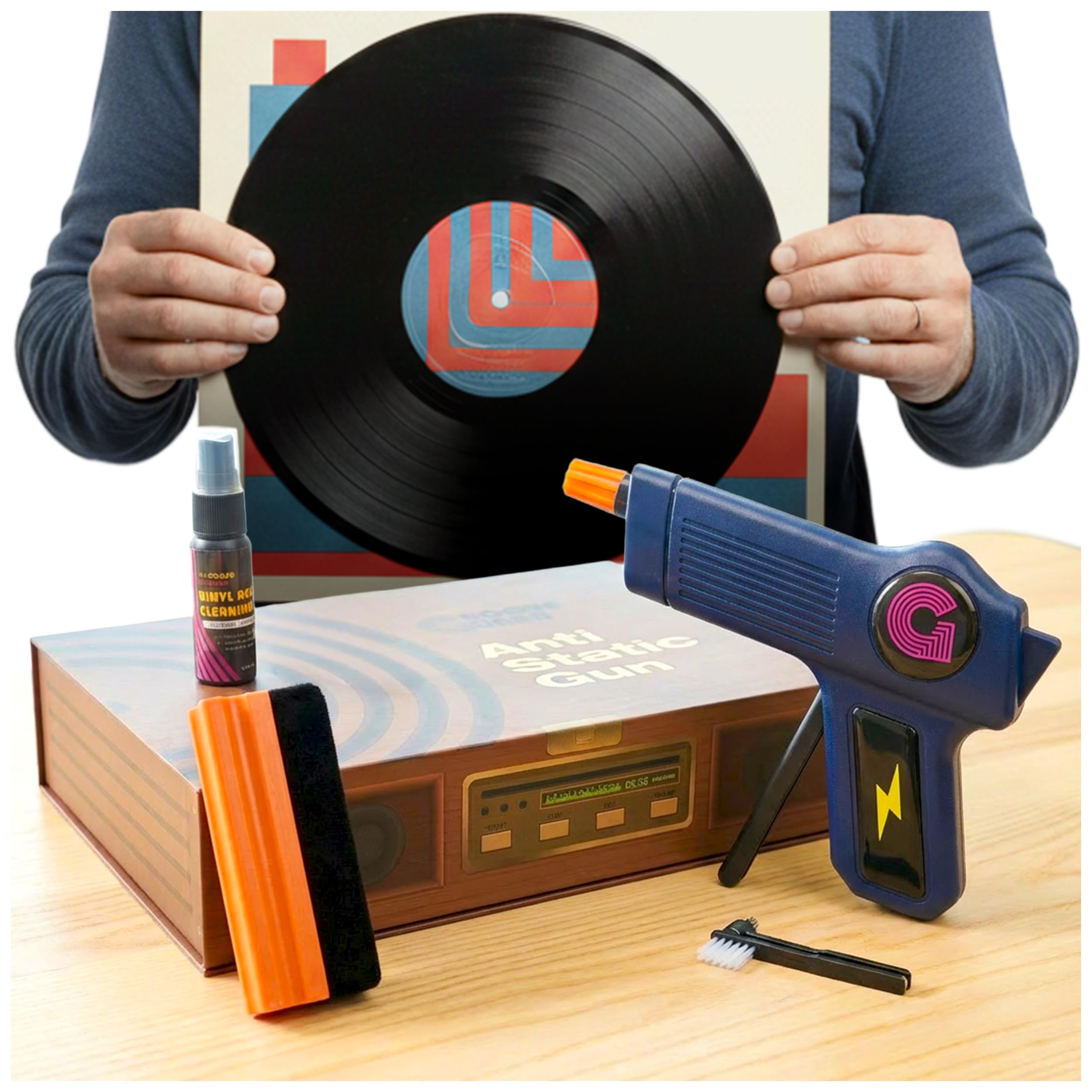 Pistolet antistatique pour disques vinyles | Kit de nettoyage de disques vinyles comprenant un pistolet décapant zéro statique avec un nettoyeur de stylet, une brosse de nettoyage de disques et une