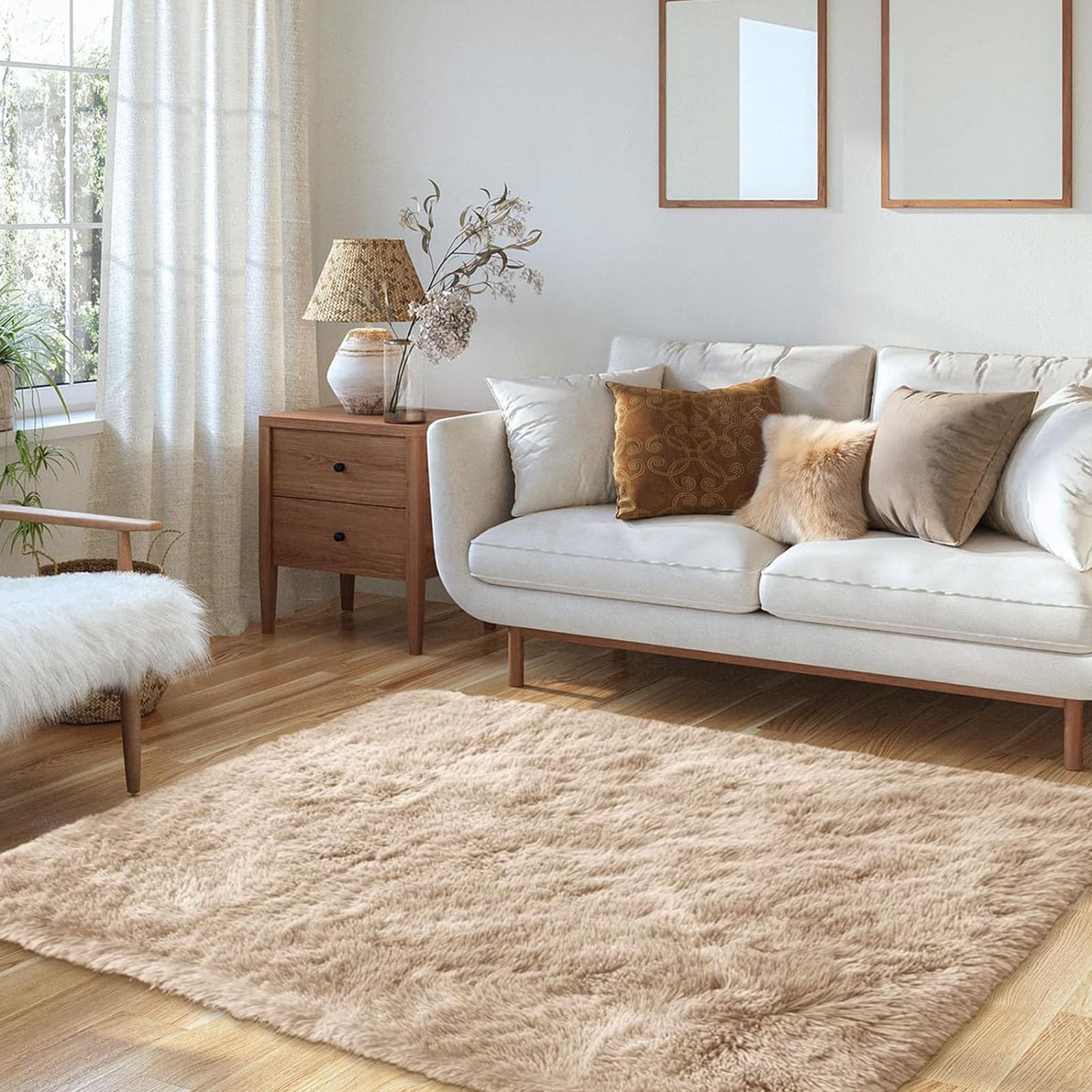 Tappeto Soggiorno a Pelo Lungo 70 x 340 cm con Fondo Antiscivolo, Super Morbido Tappeto Antiscivolo a Pelo per Sala da Pranzo, Cucina, Ufficio, Beige