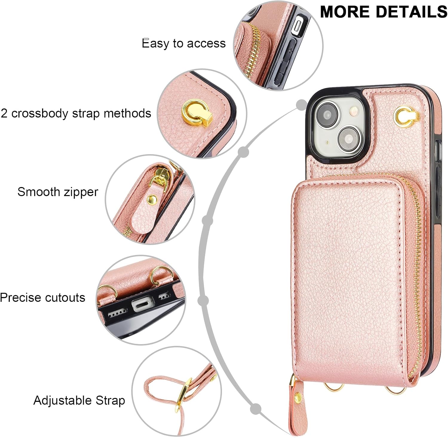KIHUWEY Crossbody Wallet Case for iPhone 15, Zipper Pocket Case with Card Holder, PU Leather RFID Blocking Protective Cover Case with Kickstand Detachable Wrist Strap Lanyard 6.1" (Rose Gold)
