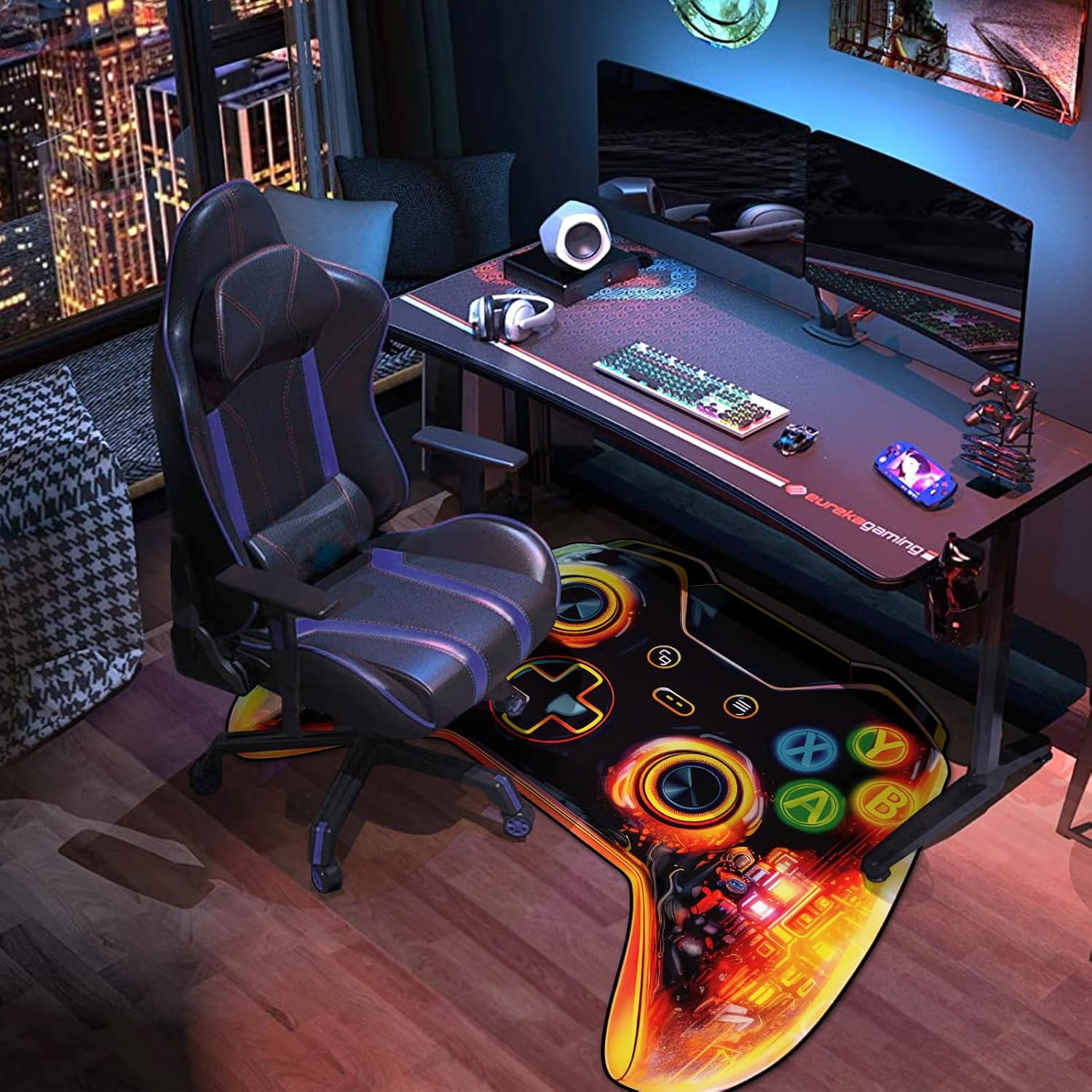 2PCS (Large & Mini) Gaming Area Rug Teen Boys Carpet, 3D Gamepad Colorful Game Controller Design for Video Game Playroom, Boys Girls Bedroom, Living Room (Gamepad Shape 60" x 40" & Mini 21.3" x 10.6")