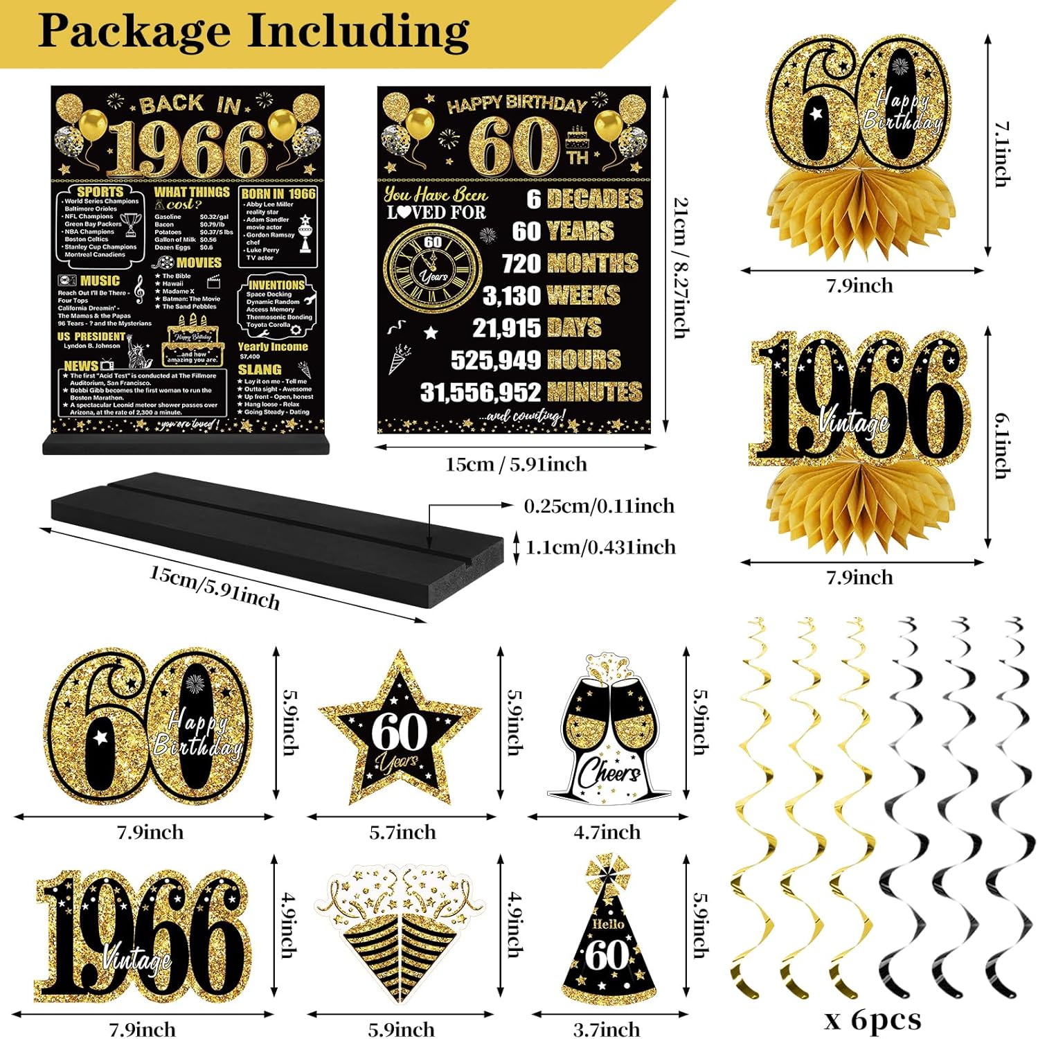 60th Birthday Decorations Kit for Men Women, Black Gold 24PCS Back in 1966 Banner Decorations, Vintage 1966 Banner Wooden Table Sign Poster Hanging Swirl Balloons Paper Fans Cheers to 60 years - Image 3