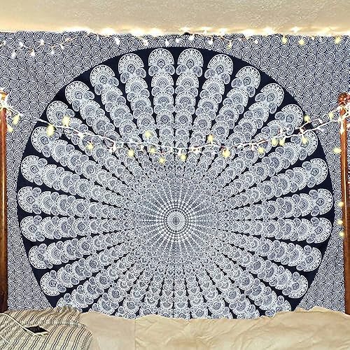 Bless International - Tapiz hippie indio bohemio psicodélico dorado mandala de pavo real azul dorado para colgar en la pared (negro blanco, póster