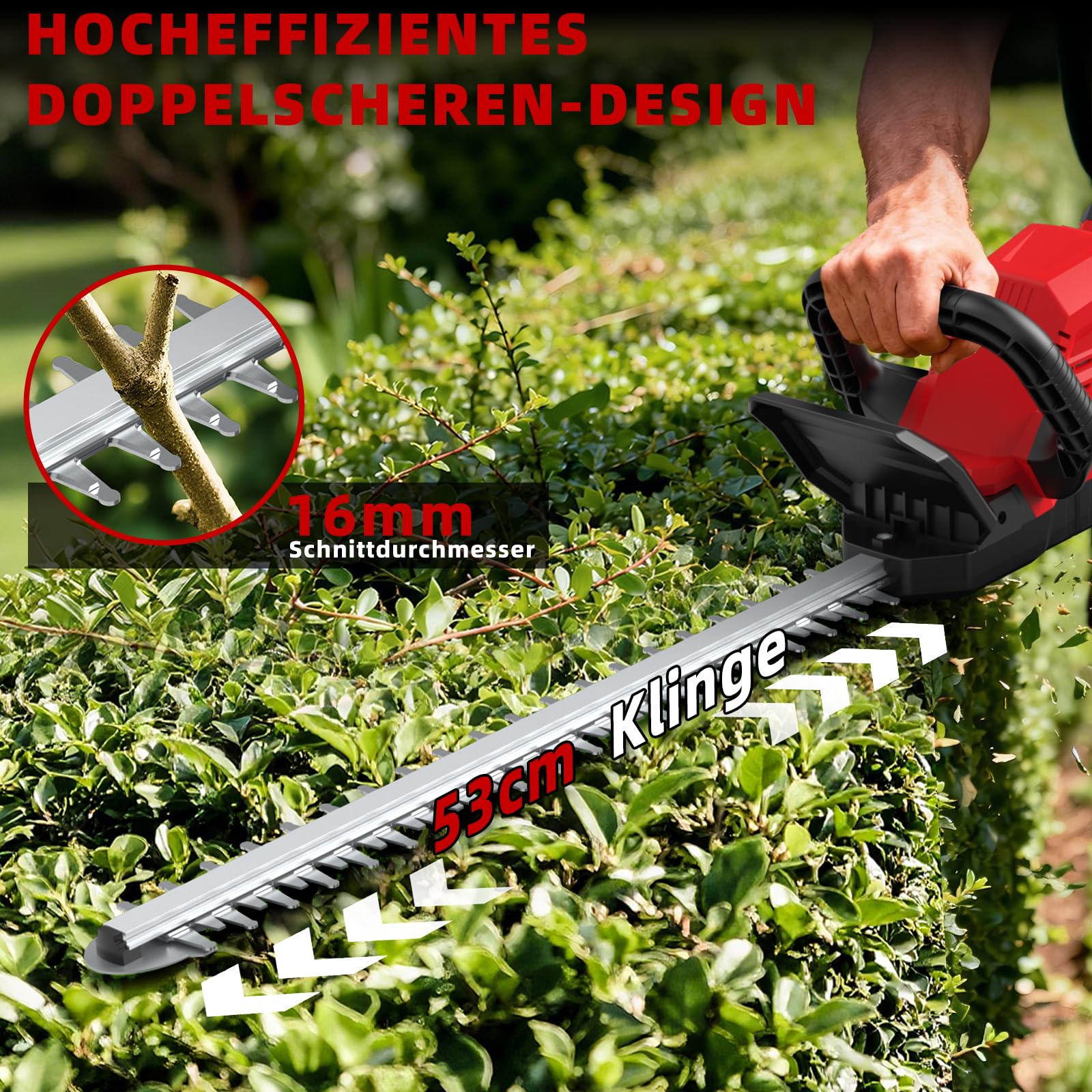 21V Heckenschere Akku 2x4.0Ah - Leichte Elektrische Heckenschere mit Akkus und Ladegerät, 53cm Dual Action Klinge, 16mm Zahnabstand, 180° Drehbarer Griff, Heckenschneider für Sträucher