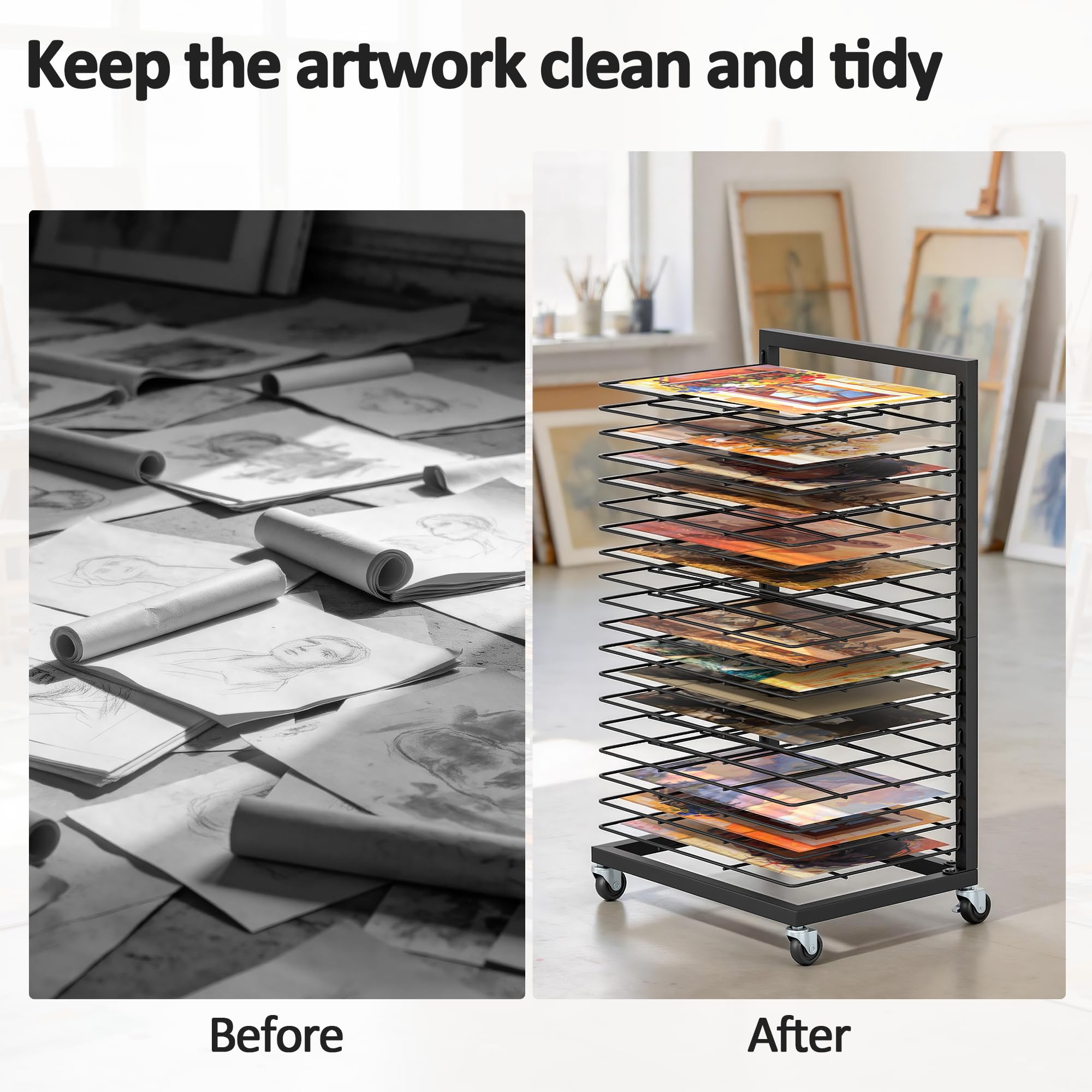 uyoyous Mobiles Bilder Trockengestell 40.5×30×70.5cm Kunsttrockengestell mit 19 Herausnehmbaren Regalen Kunst Trocknen Rack Kohlenstoffstahl für zu Hause, Klassenzimmer, Kunstateliers und Schulen