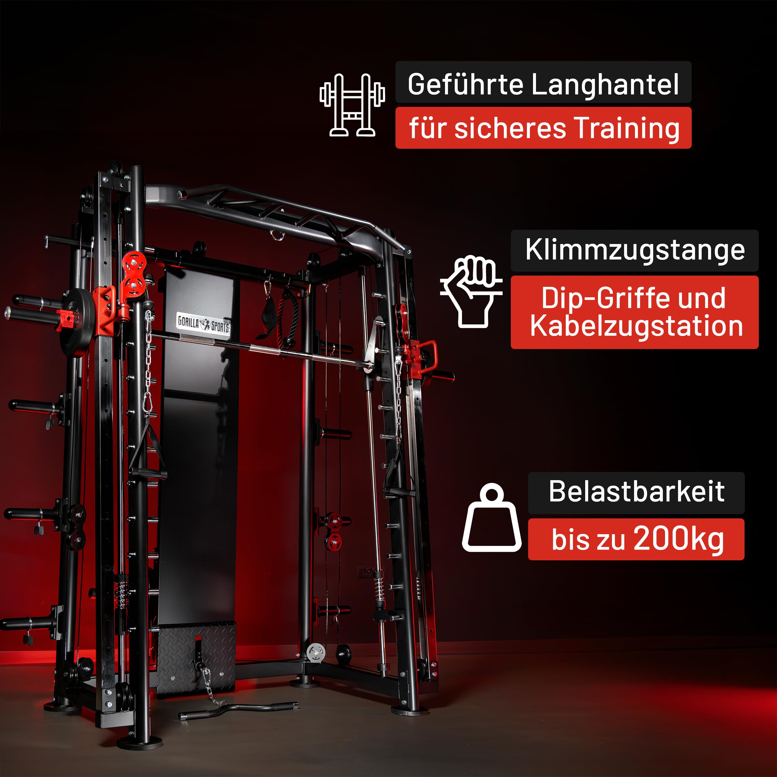 GORILLA SPORTS® Smith Maschine - mit Klimmzug, Rudern, Dip Station, Bizeps/Trizepsgriff, Langhantel und Hantelscheiben Aufnahme, Verstellbar, Stahl - Multipresse, Power Rack, Kraftstation, Power Cage