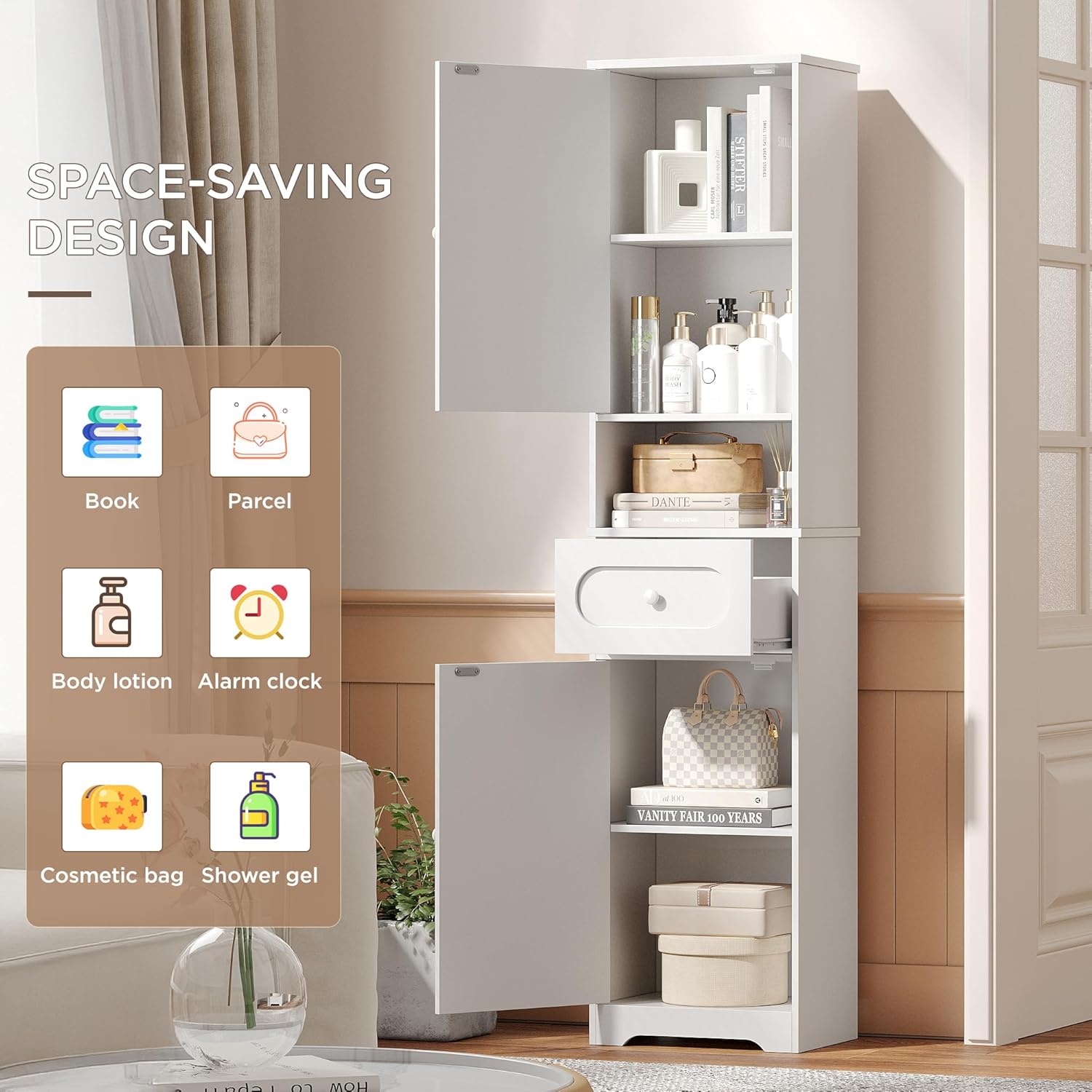 Maupvit 65" Tall Bathroom Storage Cabinet, Narrow Storage Cabinet with 2 Doors and Drawer, Bathroom Organizers with Adjustable Shelves for Living Room, Entryway, White