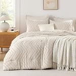 Andency Queen Comforter Set Beige, Comforters Queen Taille Boho crème doux chaud Tufted Neutre Ensembles de confort pour lit Queen, 3 Pièces Esthétique Chevron Ferme Mignon Bohème Texturé Ensemble de lit