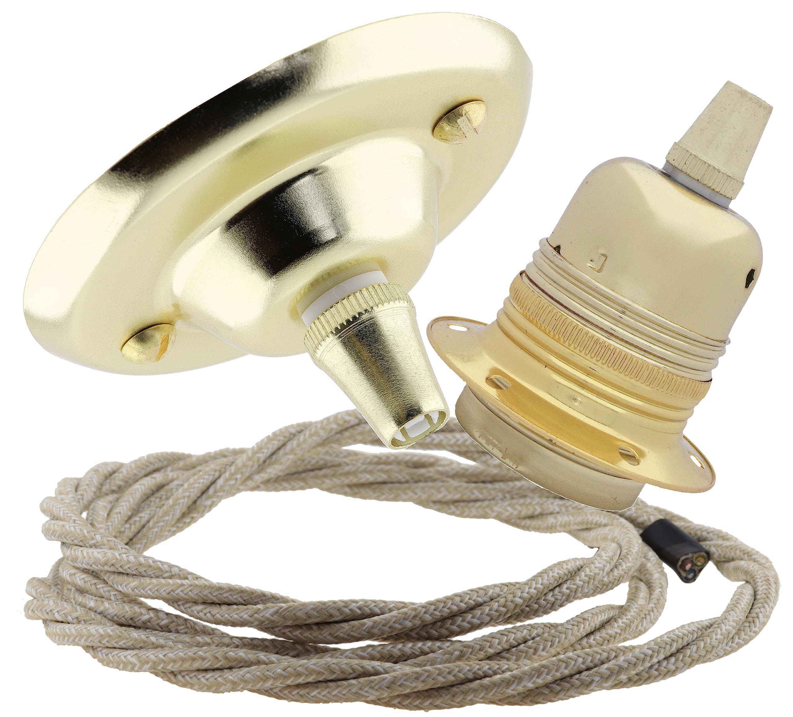 Repaireum Ltd. Vintage Styled Ceiling Pendant Kit incl. Polished Brass Effect Rose, E27 Bulb Holder and 3 Core Linen Effect Braided Twisted Flex