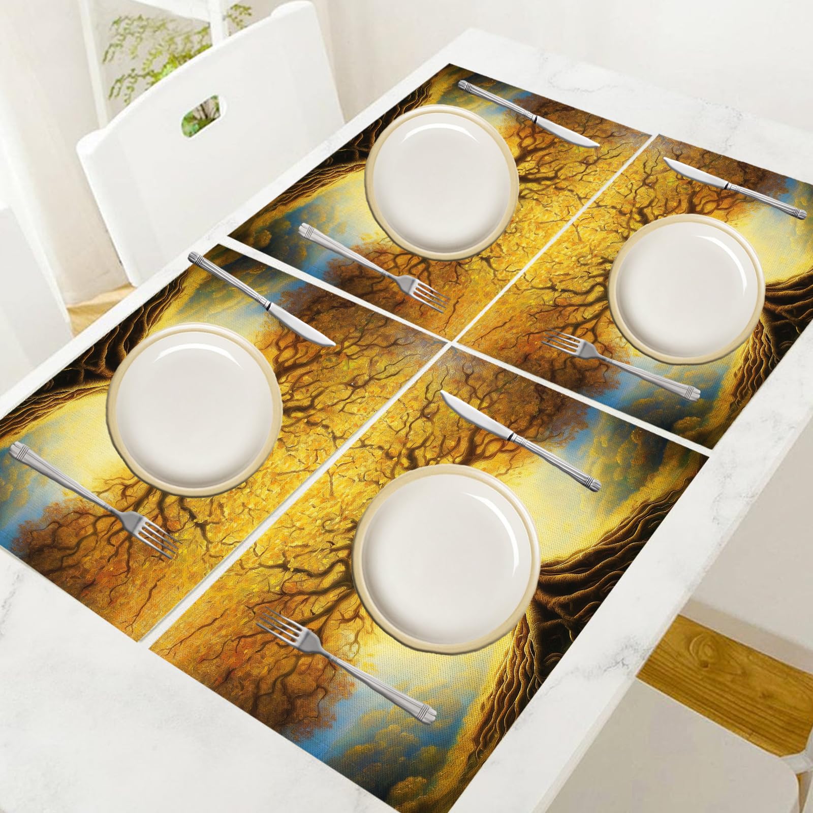 8 Pezzi Tovagliette Americana Paesaggio autunnale - Tovaglietta Americane in Cotone e Lino Albero d'oro Lavabili Sottopiatto per Sala da Pranzo Tavolo da Cucina 45 ×30 cm