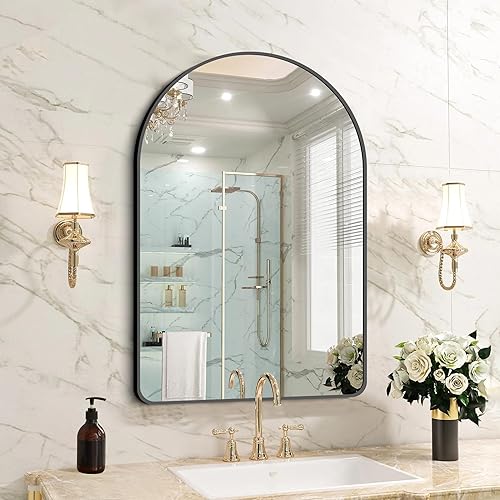 FORBATH Espejo de baño, espejo de pared arqueado de 33 x 31 pulgadas, espejo moderno con marco de metal, espejo decorativo para dormitorio, sala de