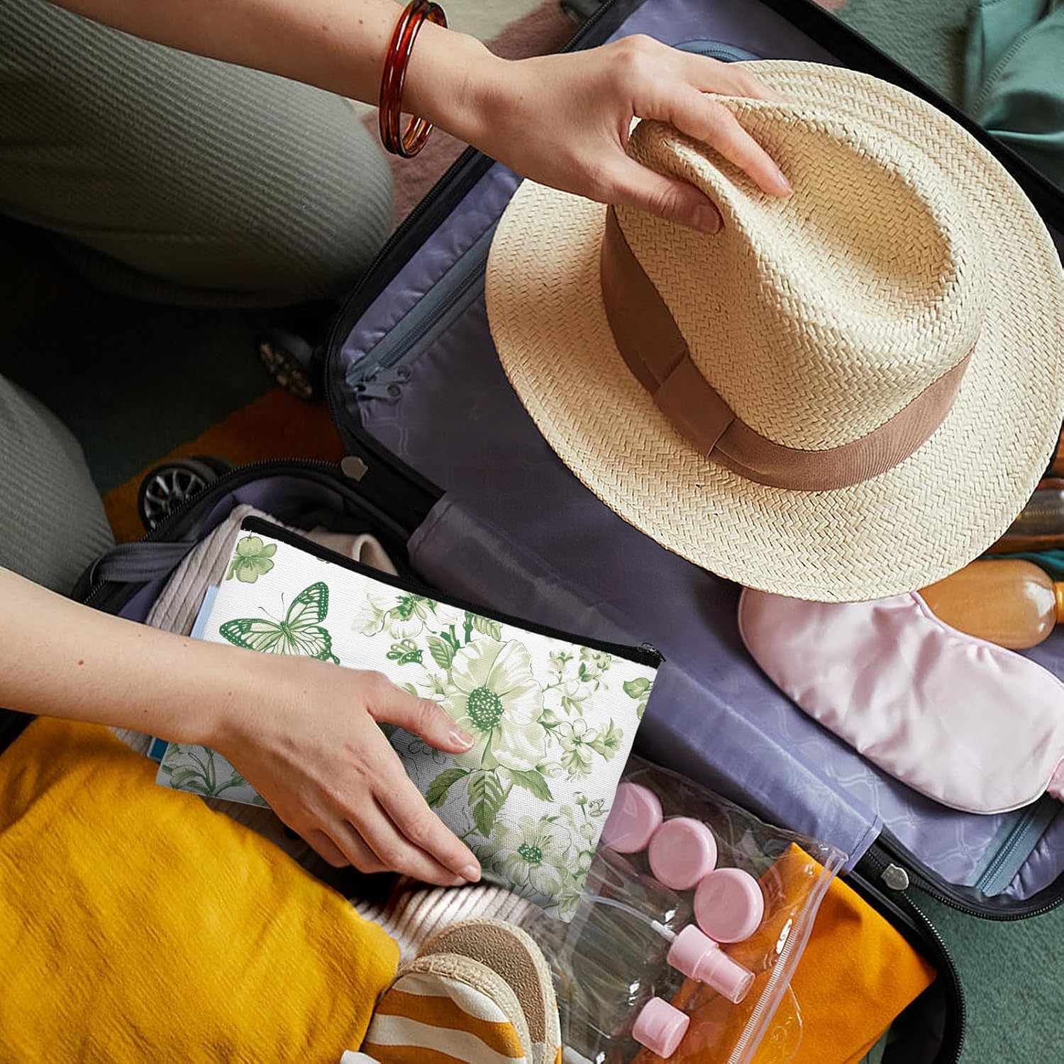 24 Pcs Floral Cosmetic Bags Bulk for Women Sage Green and White Floral Makeup Bags Chinoiserie Canvas Travel Zipper Pouches Aesthetic Toiletry Bag for Girls Bridesmaids Wedding Supplies - Image 6