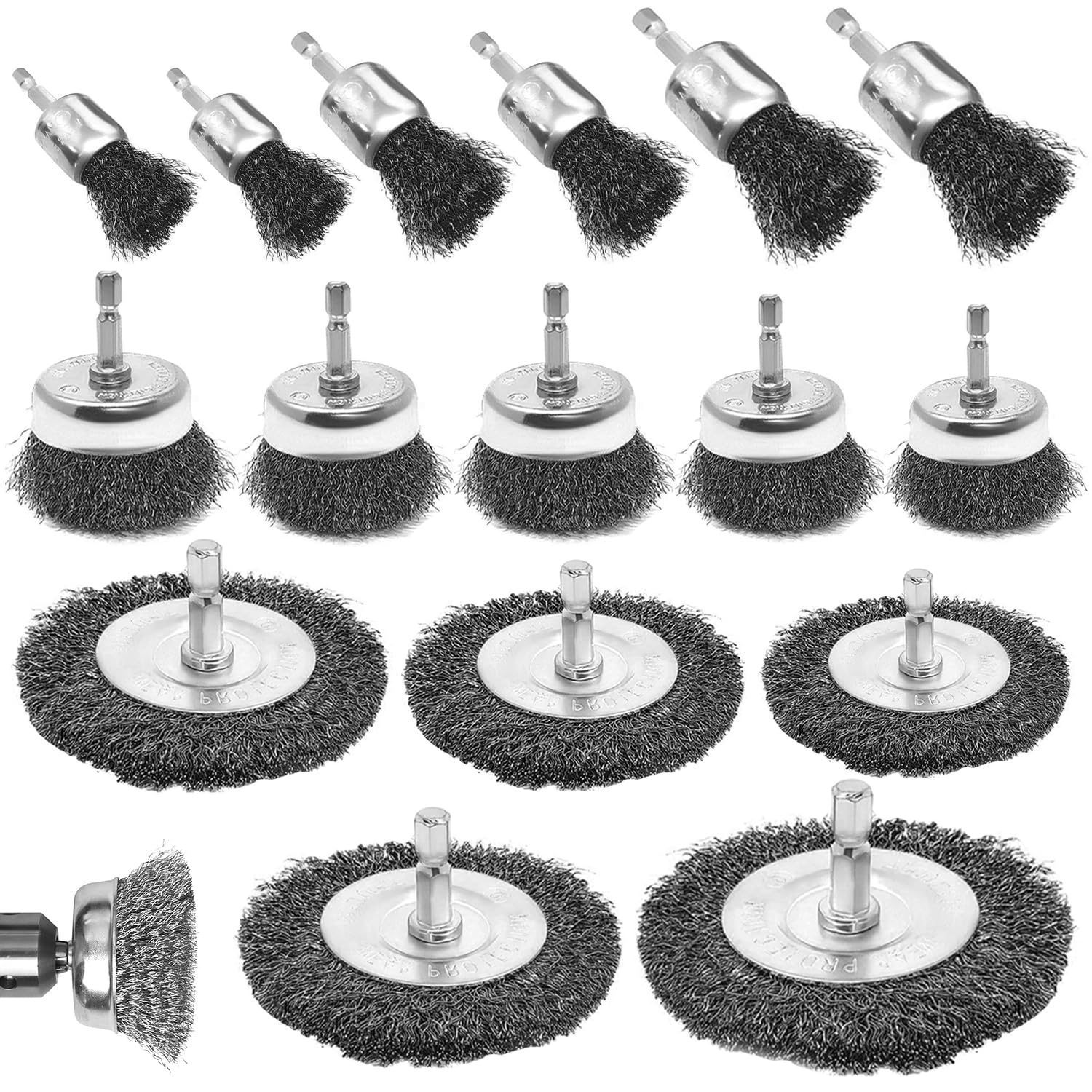 16 Piezas Cepillo de Alambre para Taladro, 6 mm Cepillo Metalico Limpieza, 19-100 mm Wire Brush Set, Cepillo Abrasivo para Taladro para EliminacióN de óXido, CorrosióN, Pintura