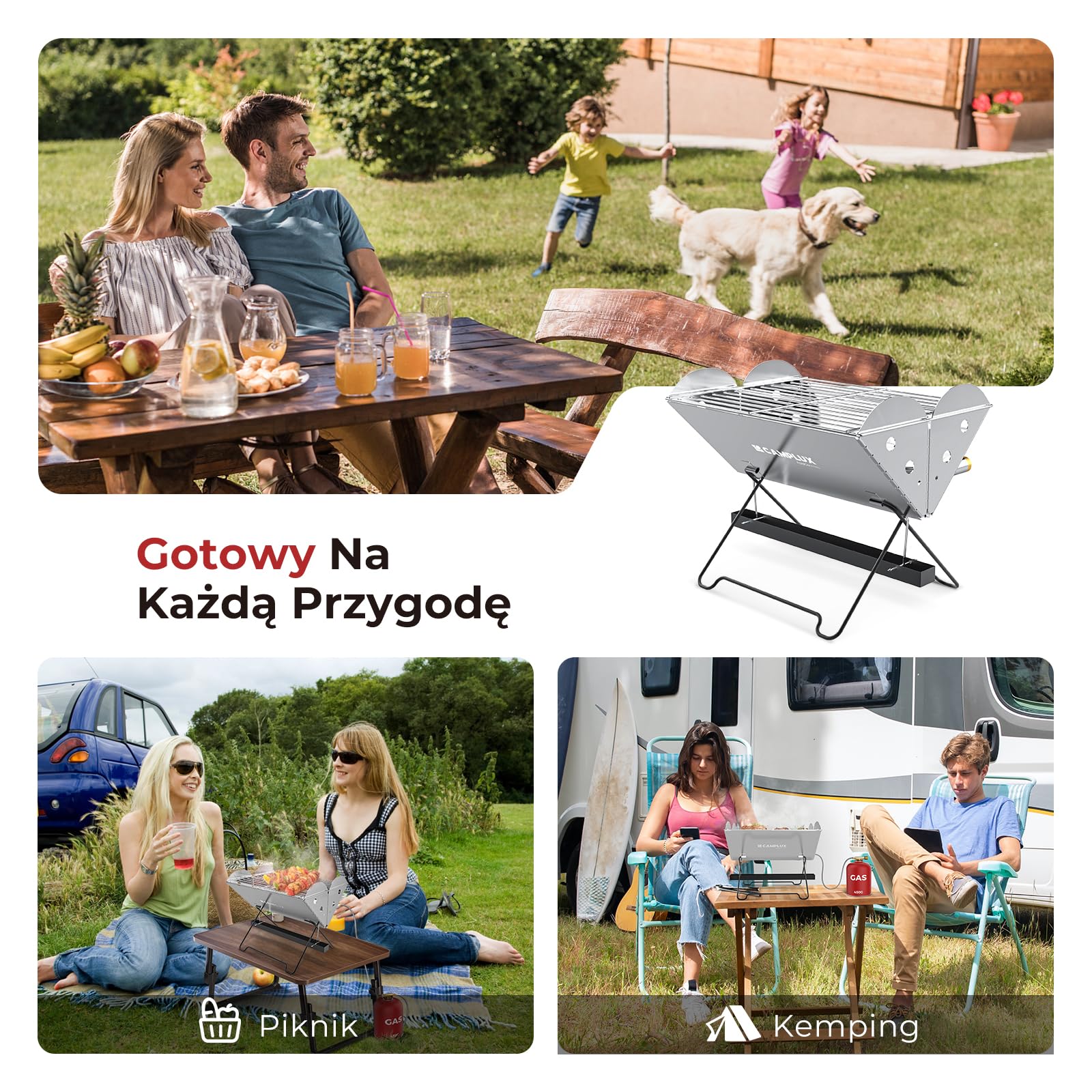 CAMPLUX Przenośny Grill, Kuchenka Turystyczna 2-w-1 na Gaz i Węgiel Drzewny z Rusztem 340 x 250 mm i Torbą do Przechowywania do Ogrodu, Pikniku, Grillowania na świeżym Powietrzu, FoldGo FG14GS