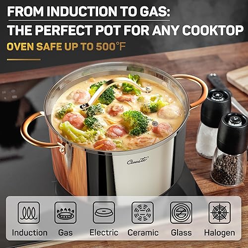 Miniatura 5 de Olla de 12 cuartos de galón, 1810 de acero inoxidable de tres capas con tapa, olla de cocina sin costuras de 12 cuartos de galón con mango de cobre,