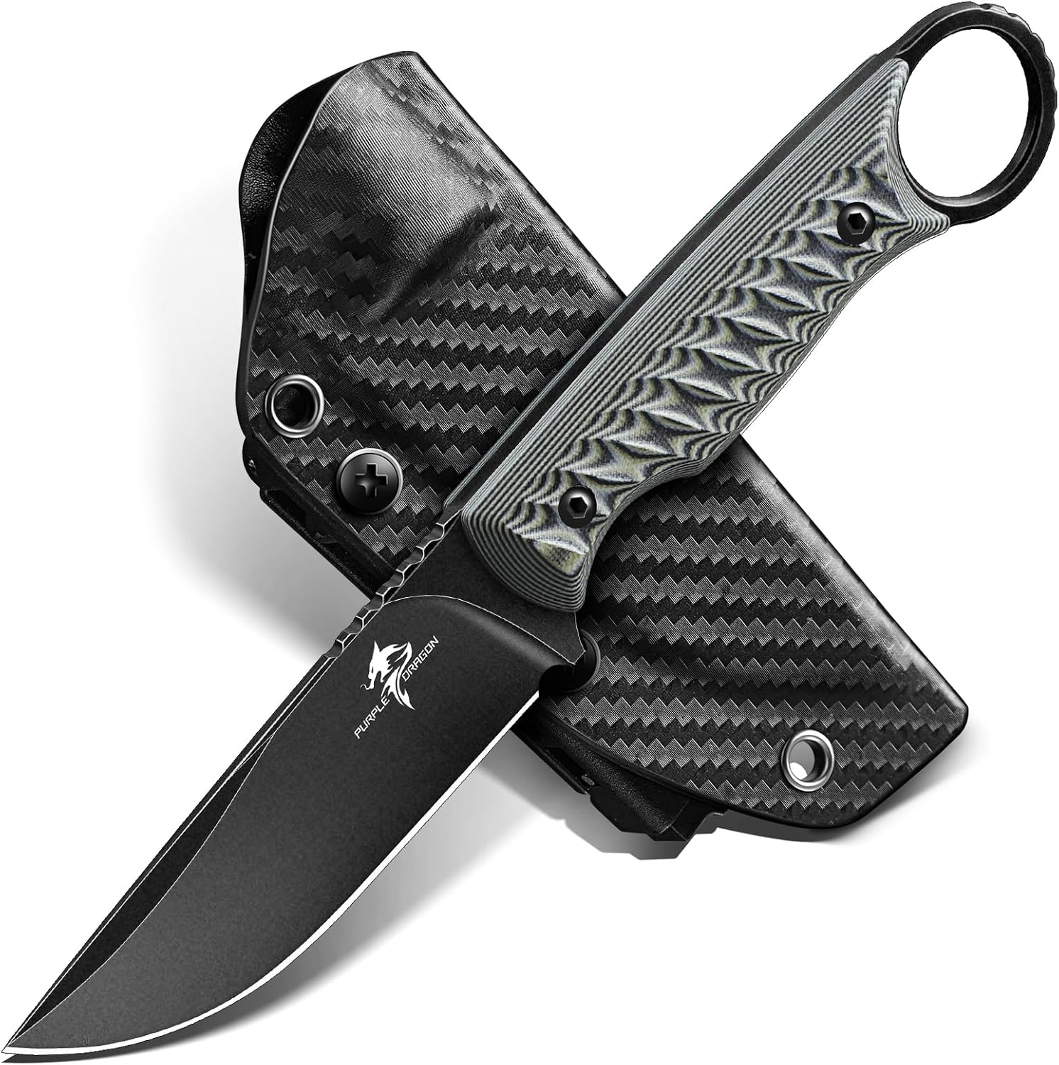 Purple Dragon Fixed Blade Knife - Full Tang Survival Knife Forged from a Single Piece of D2 Steel - Camping Knives with G10 Handle and Kydex Sheath - Outdoor Gift for Men - Gray
