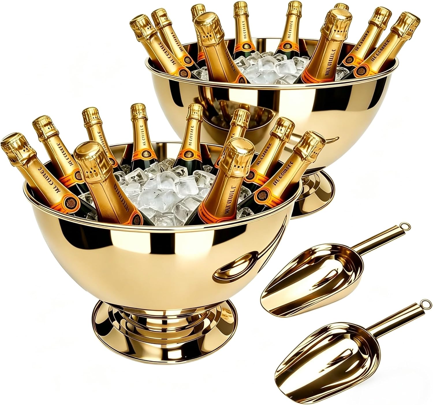 Stainless Steel Champagne Bucket with Scoop, 15.3" Large Capacity Ice Bucket with Detachable Base, Mirror Polished Inside & Out, Heavy Duty Wine Chiller Bowel for 8 Bottles,2packs,gold