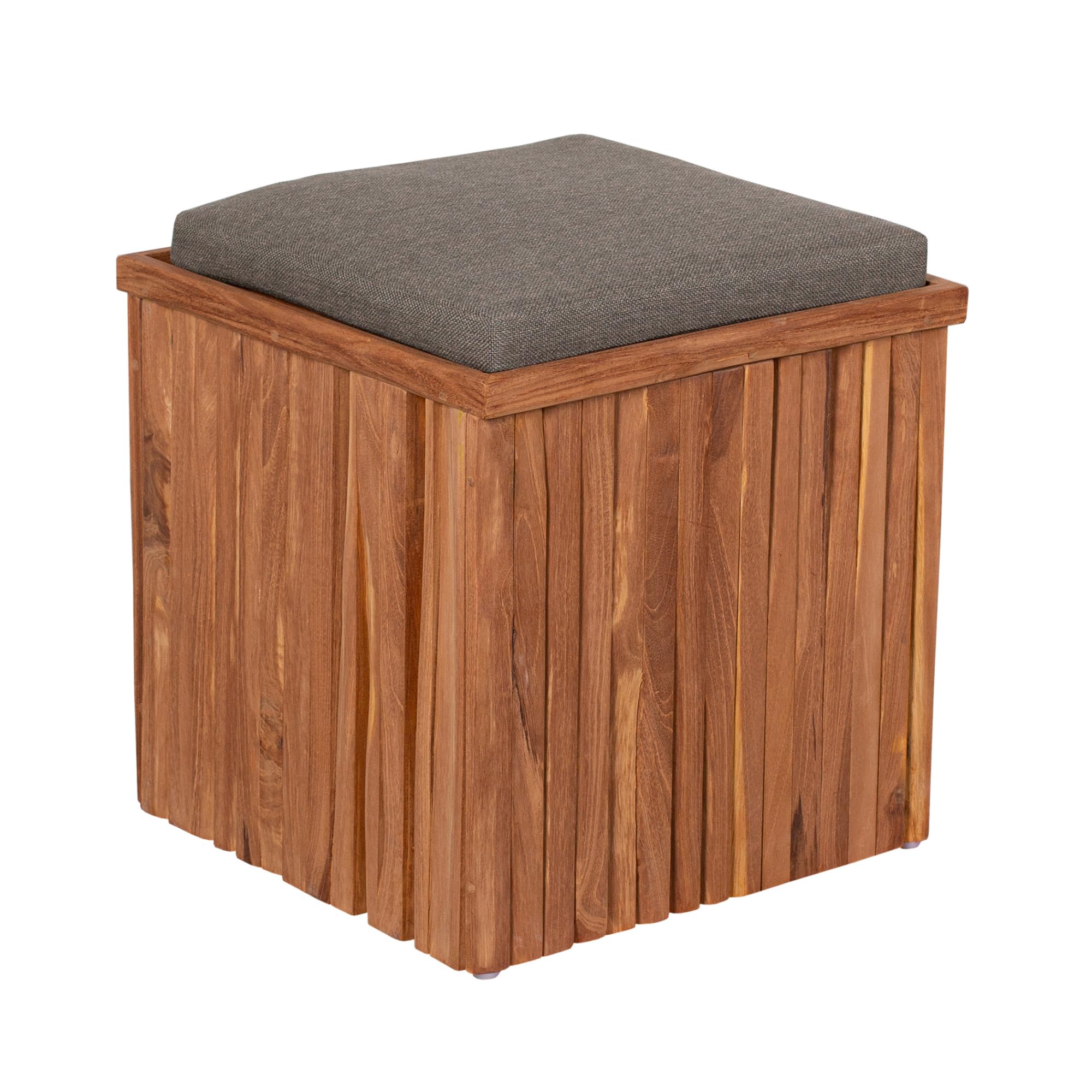 MR. DEKO Teakbox Oxford Sitzhocker inkl. Sitzkissen | Teak Holz Gartenhocker Wetterfest | Auflagenbox Klein Massivholz Teakholz | Beistelltisch Garten Stauraum | Sitzbox Balkon 45x45 cm