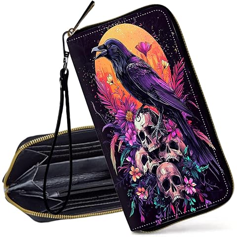 Decahouy RFID Blocking Wristlet Wallet for Women – Slim PU Leather Zipper Clutch, Cute Credit Card Holder Purse with Wrist Strap for Ladies,Raven Moon and Skulls