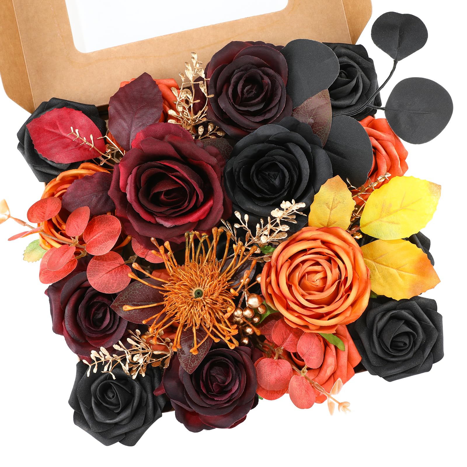 Floweroyal Halloween Artificial Flowers Black Flowers Mix Silk Flowers Fake Roses with Stems for DIY Wedding Bridal Bouquets, Baby Shower, Floral Arrangement, Table Centerpieces, Home Decorations โ image 1