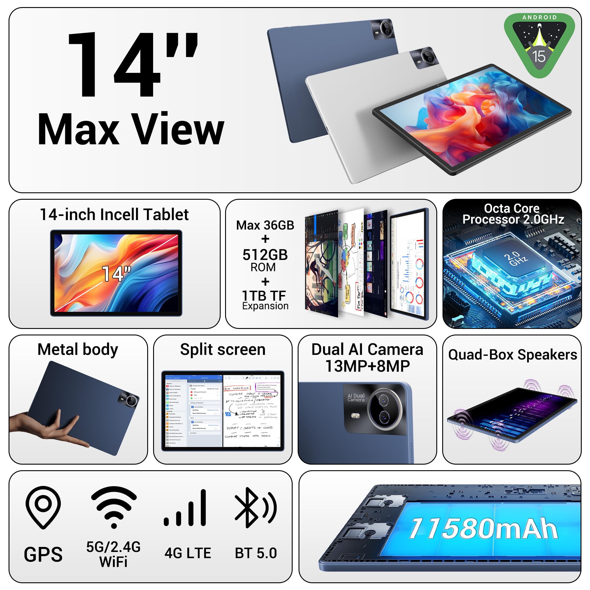 14 Zoll Tablet, 2.5K Display, 36GB RAM + 512GB ROM (1TB erweiterbar), 4G LTE Dual SIM + 5G WiFi, Quad-Speaker/GPS/GMS/Gemini AI/11580mAh/13MP, Android 15 Tablets mit Tastatur/Maus/Hülle/Kopfhörer/Pen