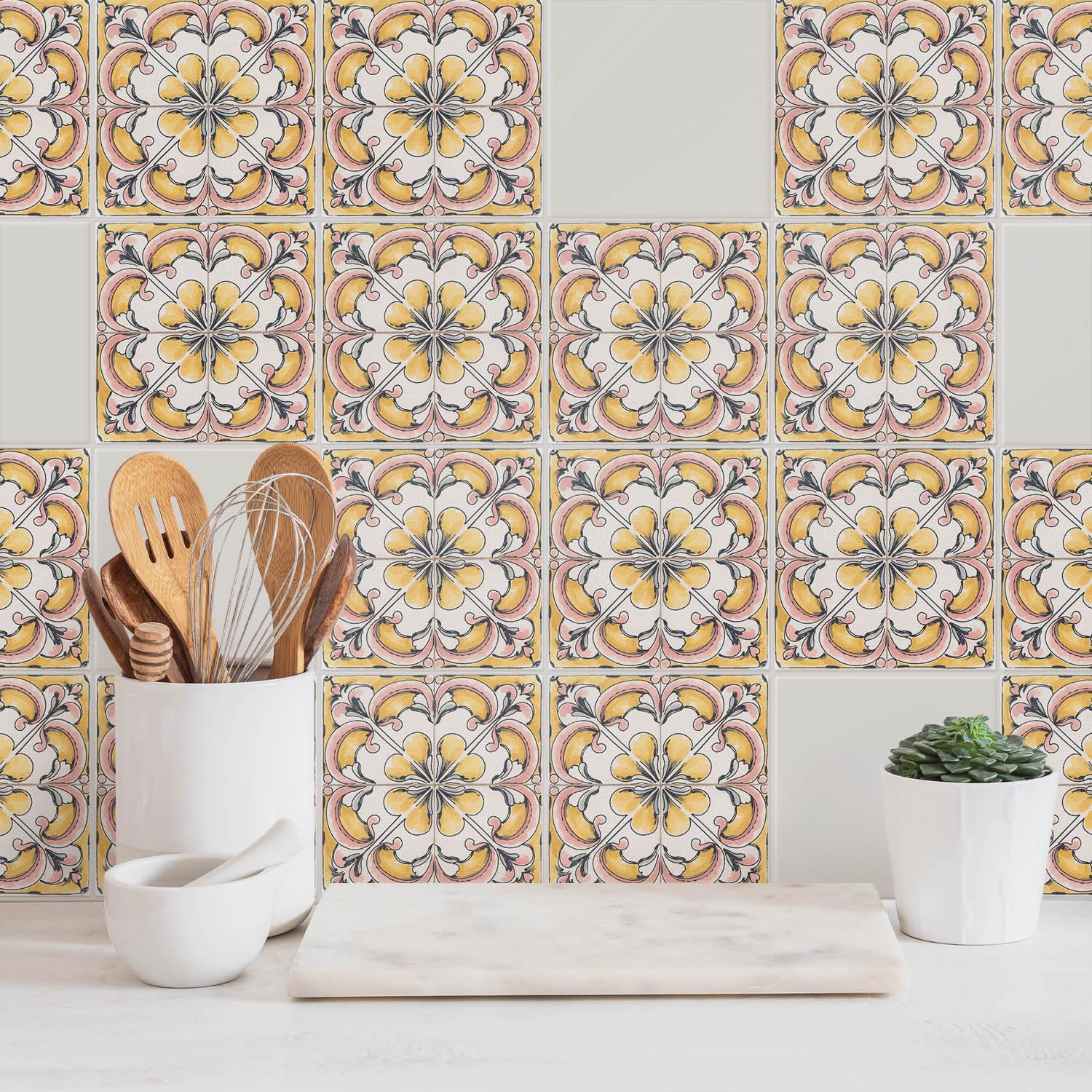 Azulejo autoadhesivo – vinilo de PVC – decoración hogar – 20x20 cm – 24 piezas – pared y suelo - Adornos florales en malla