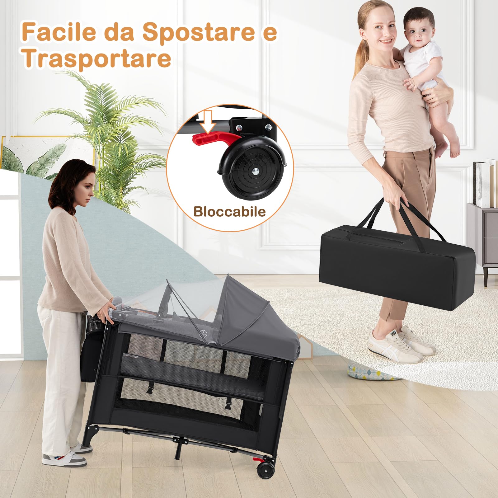 RELAX4LIFE 4 in 1 Lettino Neonato con Baldacchino Retrattile, Culla da Campeggio con Fasciatoio e Cintura di Fissaggio, Altezza Regolabile in 4 Livelli, Adatto a Bambini da 0 a 36 Mesi