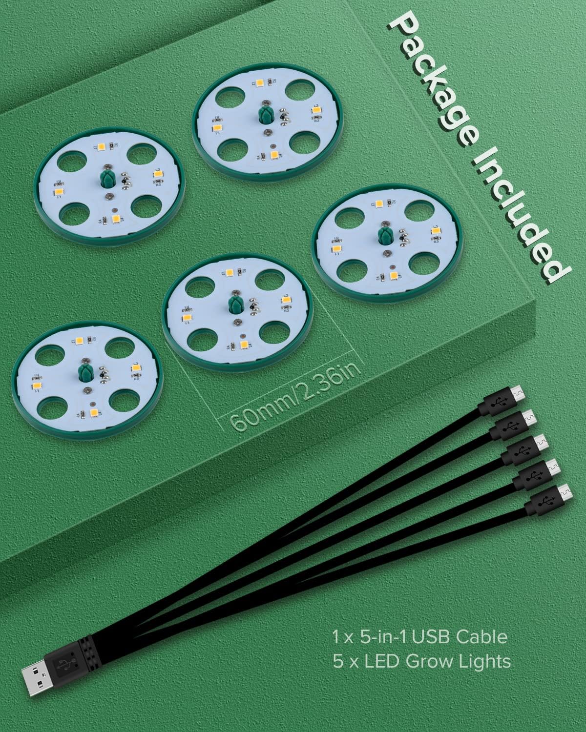 5 Pack Grow Light for Seed Starter,Greenhouse Germination Led Plant Light,Suitable for Seed Starter Kit with Humidity Dome,Full Spectrum Grow Lights for Indoor Plants,Perfect for Seedling Growth Green