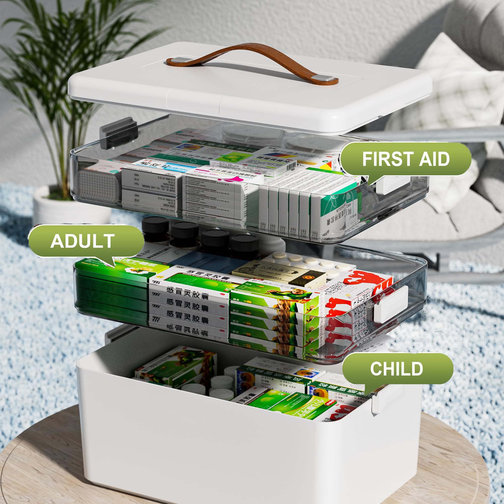 Scatola portaoggetti per medicinali, grande contenitore per medicine a 3 strati, multi griglia, contenitore per medicine domestiche, portatile con coperchio