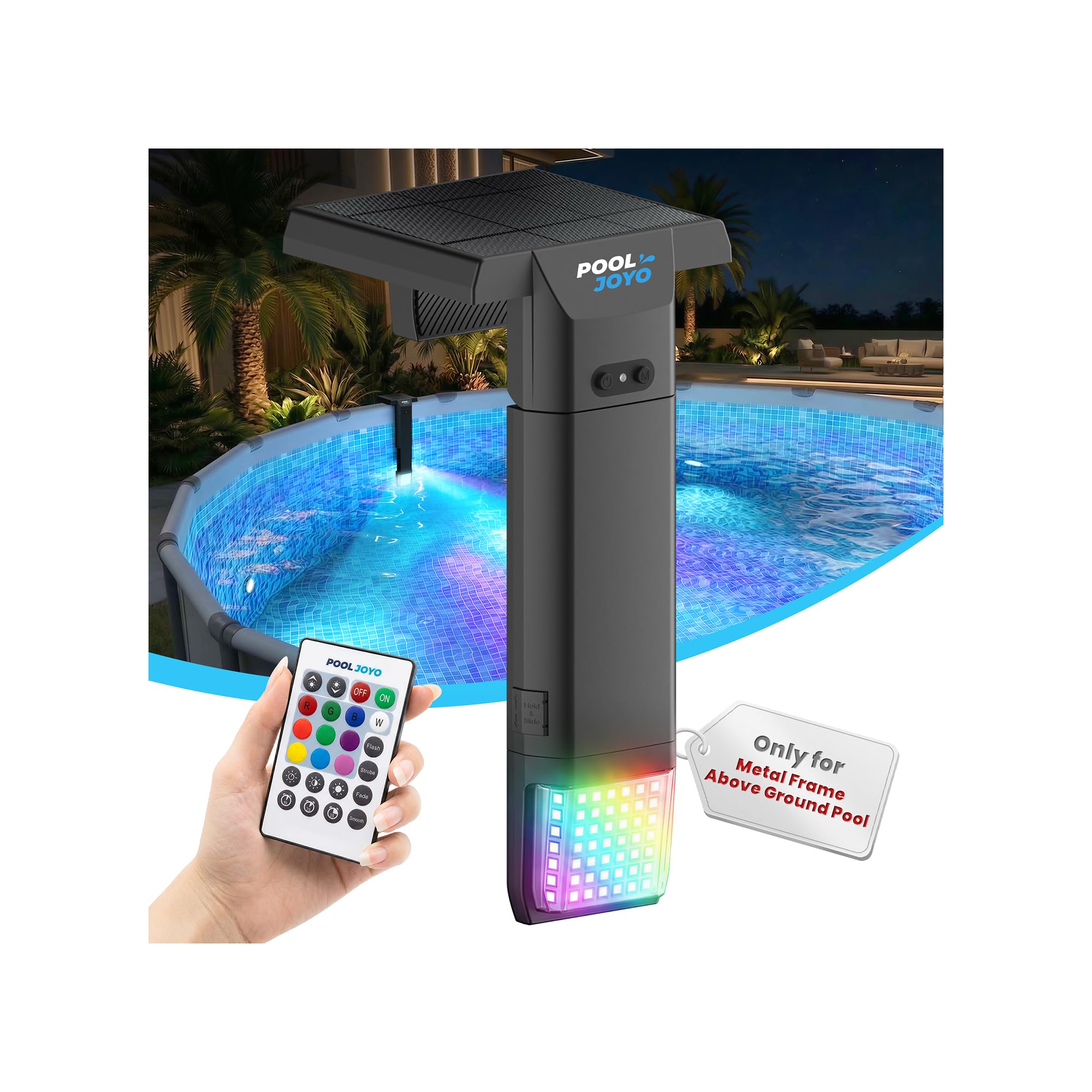 Photo 1 of POOLJOYO Solar Pool Lights Only for Metal Frame Above Ground Pools, 1.71–3.9 Top Rails, Remote Control, Brighter 3-Sided 180° Underwater Glow, 10 Colors 4 Modes, IP68 Waterproof?1 Pack?