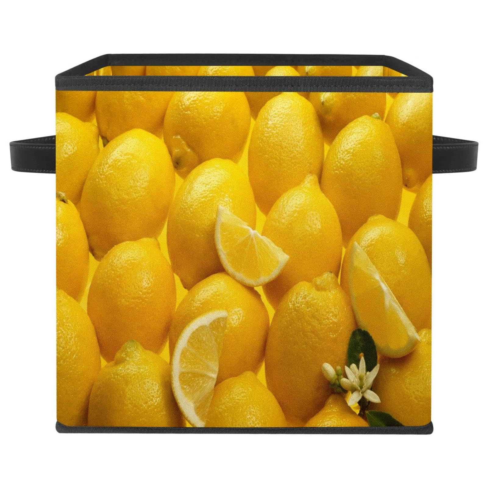 Boîte de rangement pliable motif citron cube tissu jaune pour placard