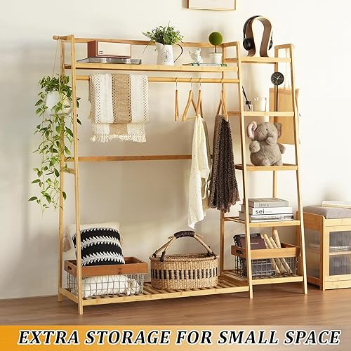 Miniatura 6 de Estante de bambú para ropa de 7 niveles, estante de almacenamiento para colgar ropa, organizador portátil de armario con estante superior, estantes