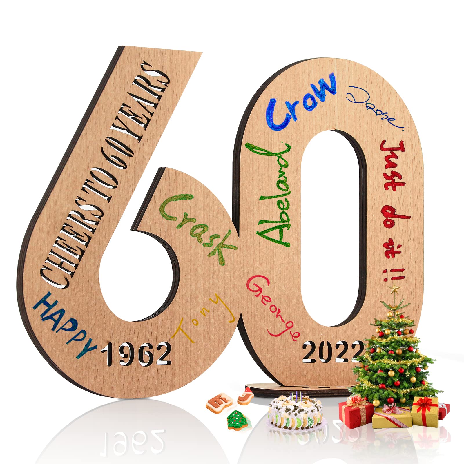 Libro Degli Ospiti In Legno Per 60° Compleanno - Regalo Originale Con Fori Per Biglietti E Auguri - Decorazione Fai Da Te - 2