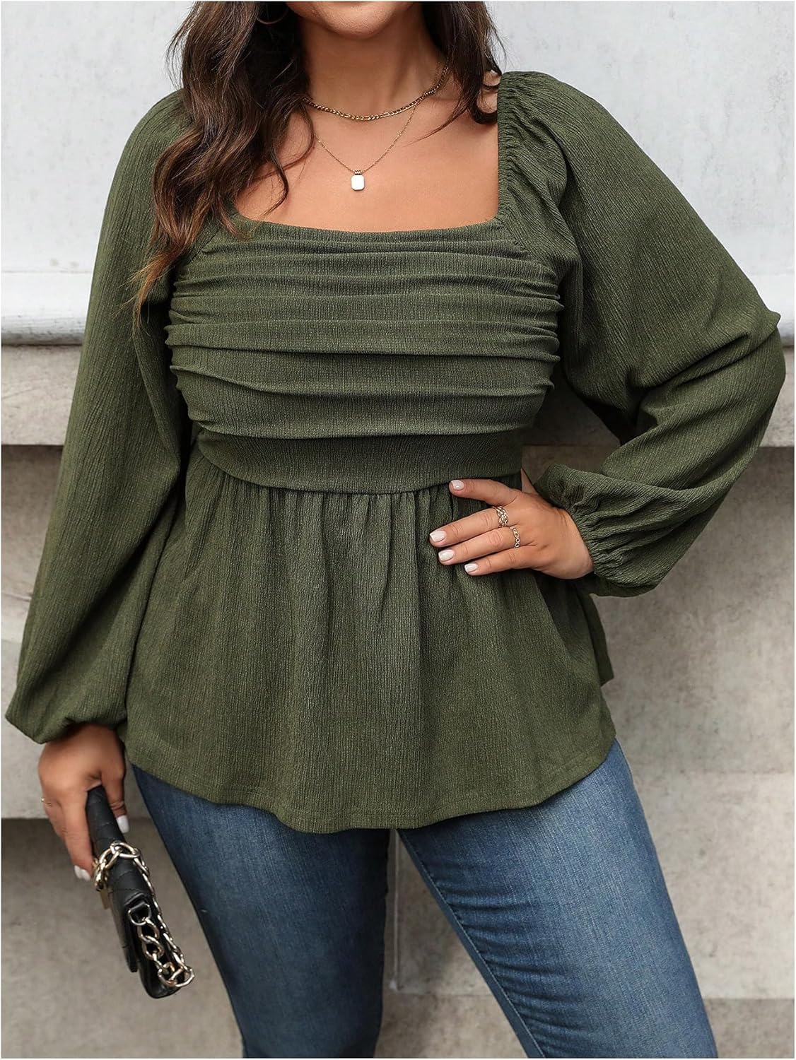 Floerns Women's Plus Size Square Neck Lantern Long Sleeve Ruffle Hem Peplum Blouse Top - Image 6