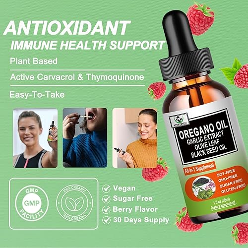 Miniatura 2 de Paquete de 2 Aceite orgánico de orégano con aceite de semilla negra para inmune, apoyo digestivo y antioxidante, con ajo de saúco, soporte