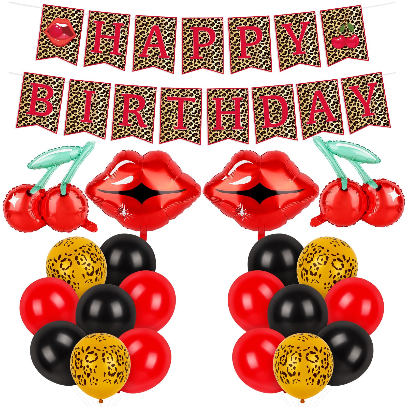 Adecortalk Cheetah Cherry Birthday Decorations Leopard Happy Birthday Banner with Cherry Red Lips Cheetah Print Red Black Balloons for Girls Women Birthday Party Decor Supplies