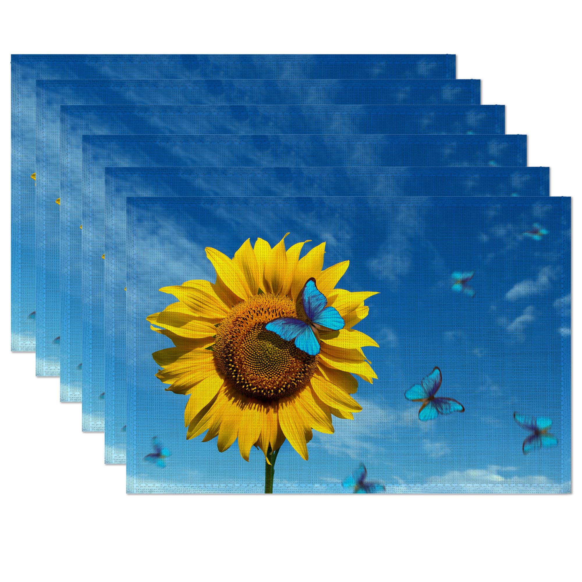 Placemats,Sunflower Blue Butterfly Placemats 12x18 Inch Waterproof Non-Slip Washable Table Mats for Kitchen Dining Party Table Decor,Set of 6