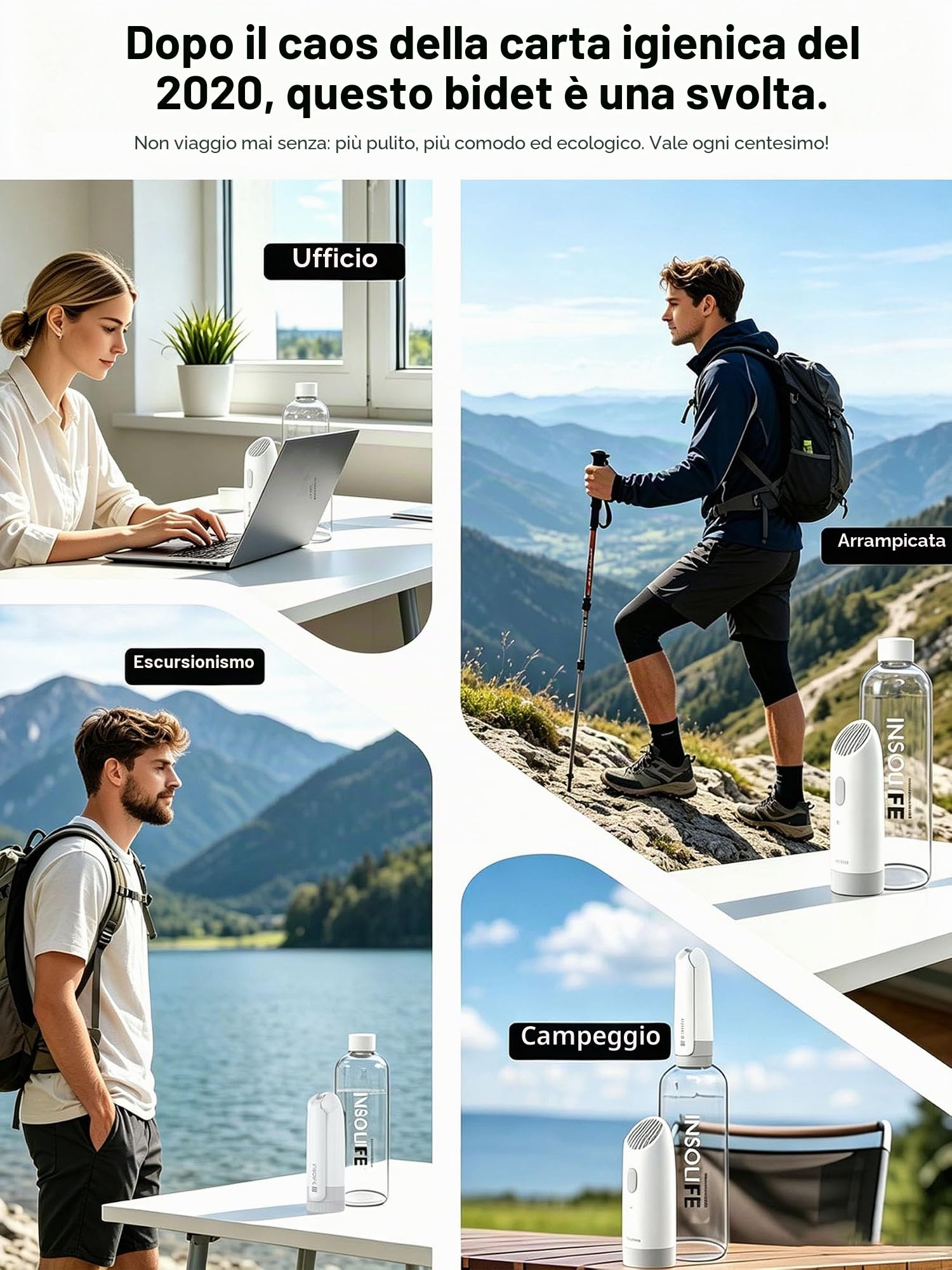 insolife Bidet portatile di terza generazione, bidet da viaggio elettrico ad alta pressione, per uomini e donne, per la pulizia dell'igiene, bidet da viaggio portatile (bianco)
