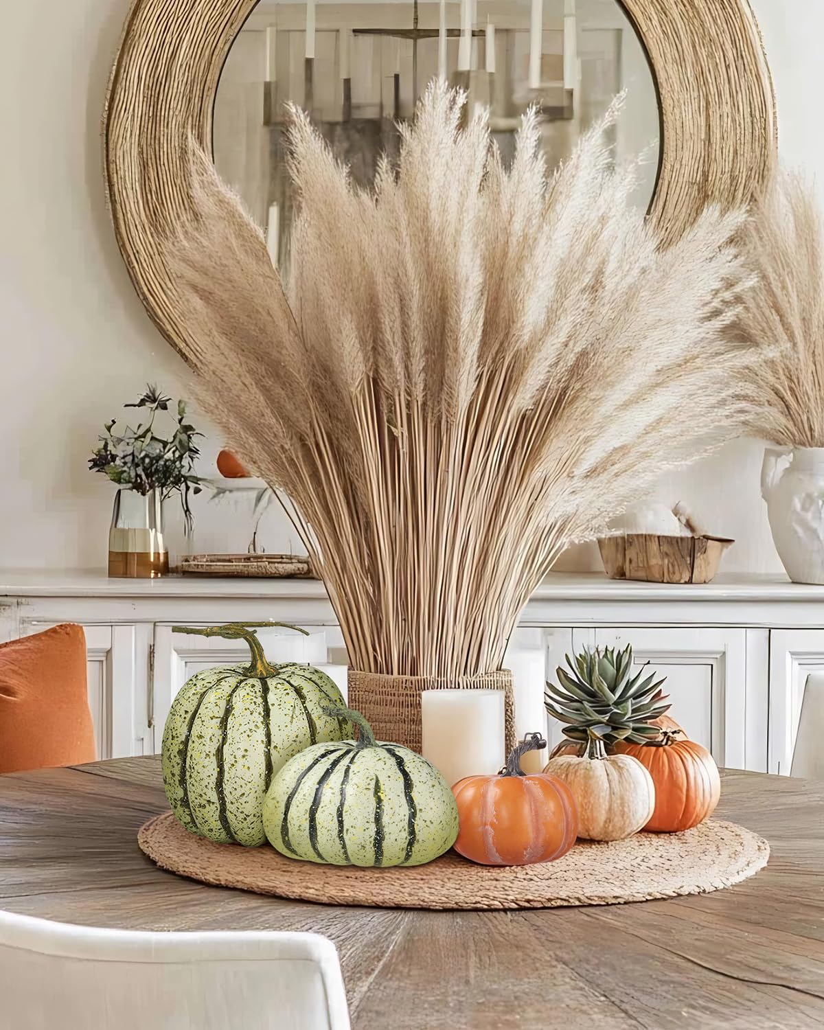 DuHouse Zucca artificiale verde autunnale, 12,7 x 15 cm, zucca finta raccolta con stelo rustico e finitura maculata per decorazione autunnale da tavola, centrotavola del Ringraziamento