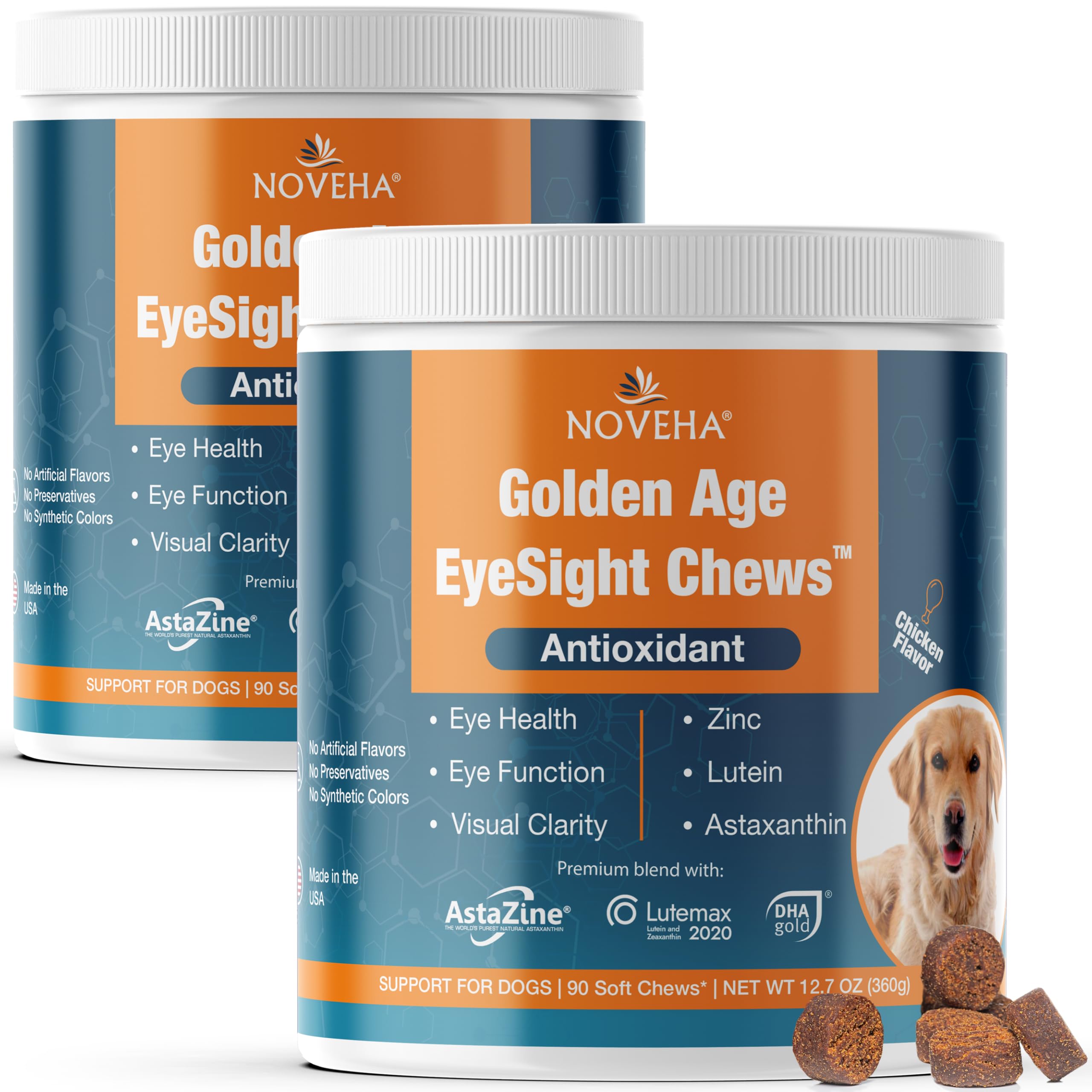 NOVEHA 180 Soft Chews for Dogs – with Lutein, Astaxanthin & Omega-3 from Fish Oil – Support for Overall Wellness – Made in USA – Chicken Flavor – 90 Chews x 2 Pack