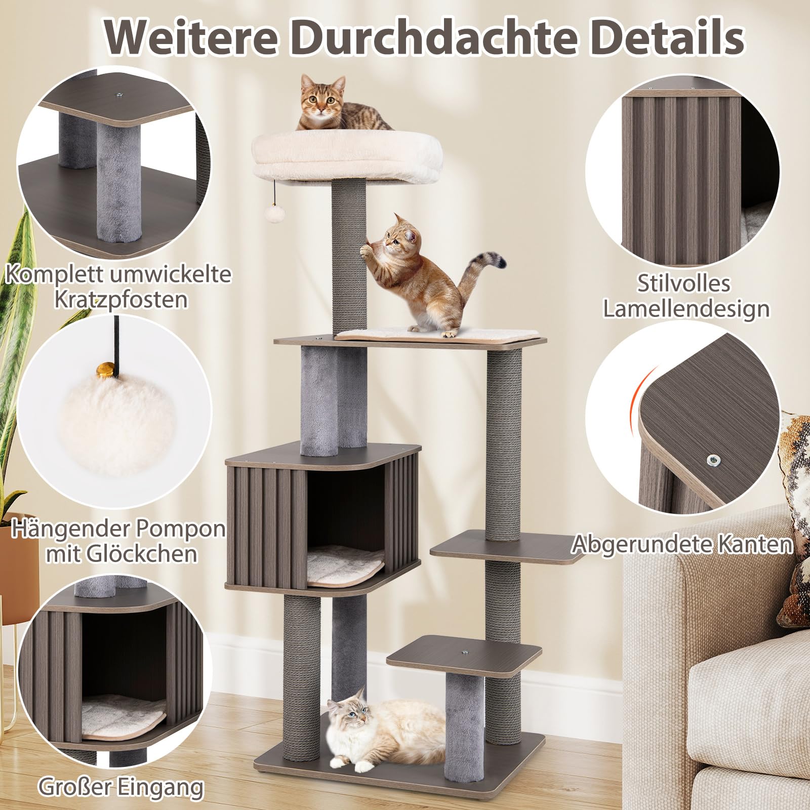 COSTWAY Kratzbaum groß, 151 cm, Katzenbaum mit Plattformen, Katzenhöhle, Kratzpfosten, Ball & abnehmbaren Matten, Katzenkratzbaum Katze, Katzenturm Kletterbaum, Grau